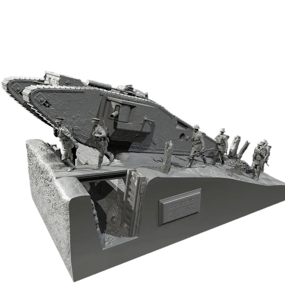 1/35 Scale WWI Tank (Tadpole) Scene | Resin Soldier Figure Set (6 Figures + Platform) | Self-Assembled Model Kit