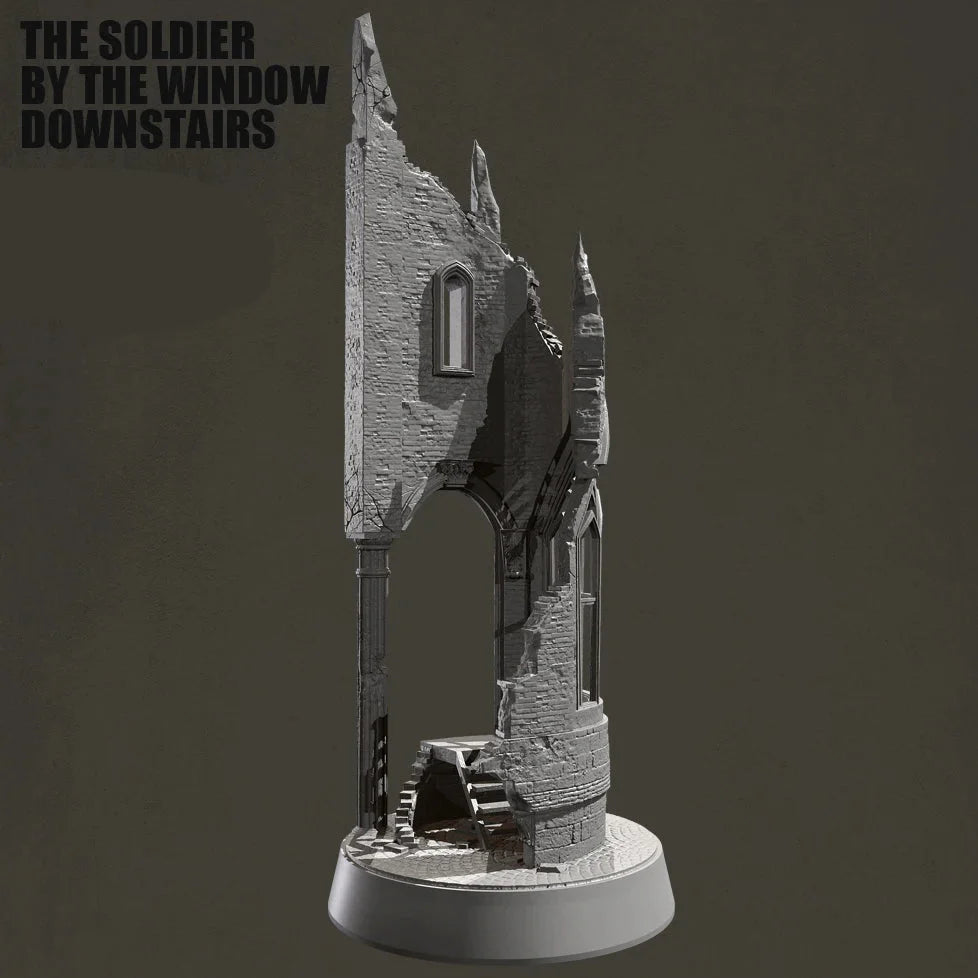 1/35 Scale Ruined Gothic Building Corner Diorama Base - Urban Warfare Terrain Model