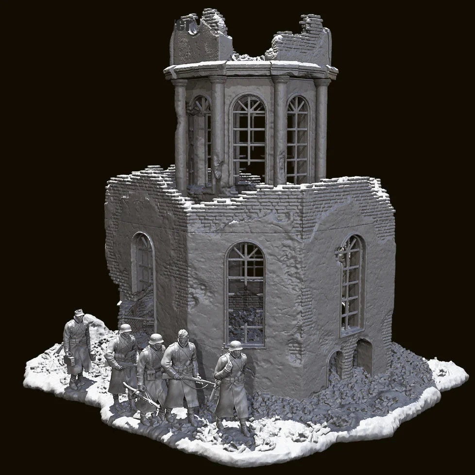 1/35 Scale WWII Winter Squad (x5) and Ruined European Church Diorama Set - Battle Scene Kit