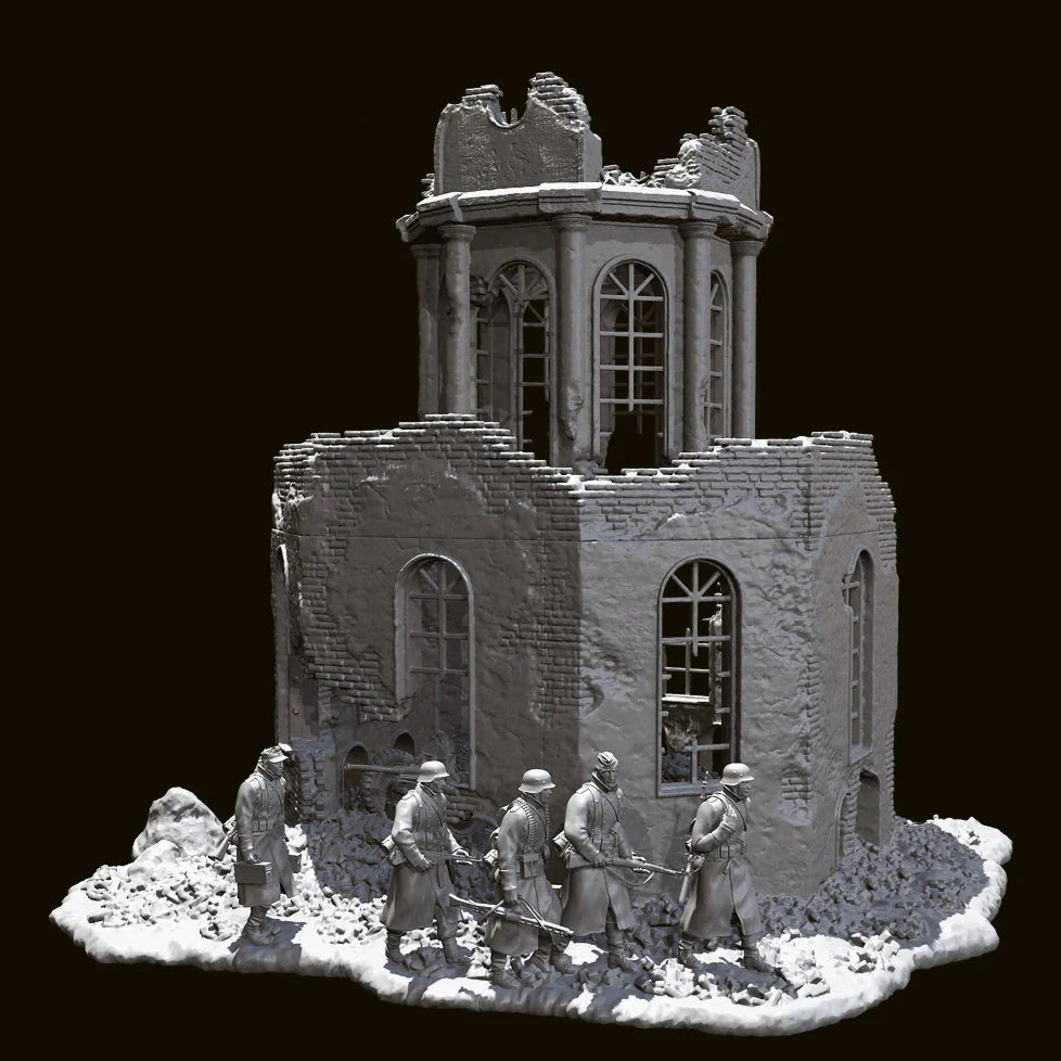1/35 Scale WWII Winter Squad (x5) and Ruined European Church Diorama Set - Battle Scene Kit
