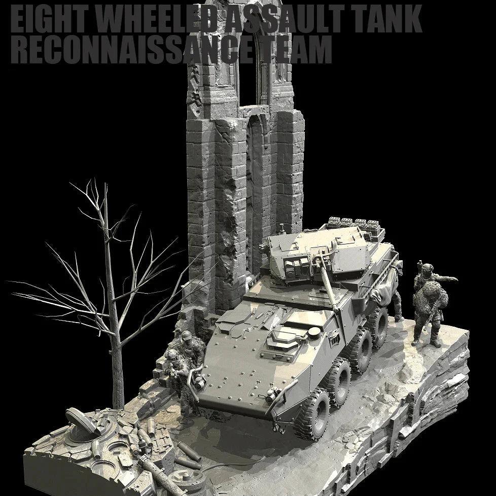 1/35 Scale Resin Soldier Figure Scene | 8-Wheeled Armored Car Diorama (5 Soldiers + Platform) | Self-Assembled Model Kit