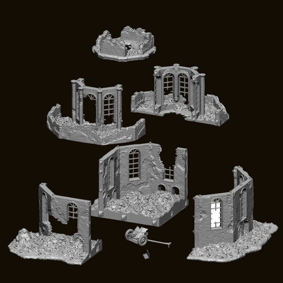1/35 Scale WWII Winter Squad (x5) and Ruined European Church Diorama Set - Battle Scene Kit