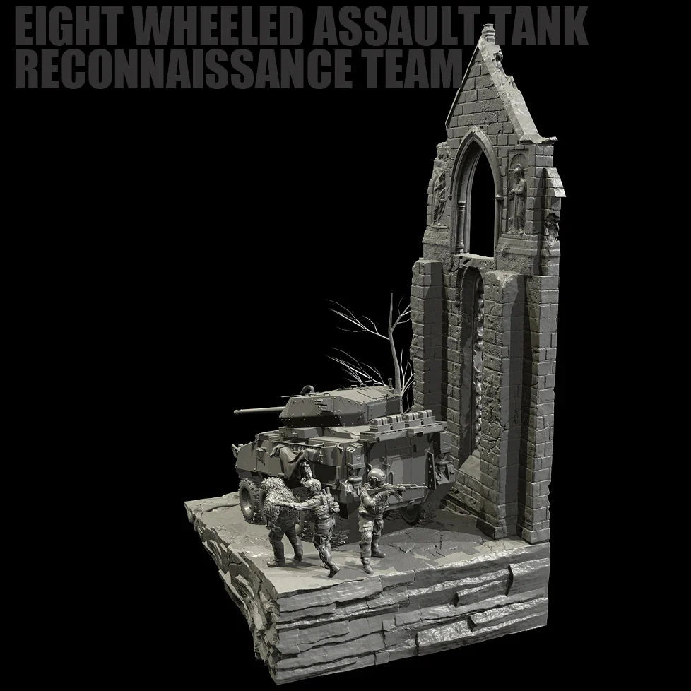 1/35 Scale Resin Soldier Figure Scene | 8-Wheeled Armored Car Diorama (5 Soldiers + Platform) | Self-Assembled Model Kit