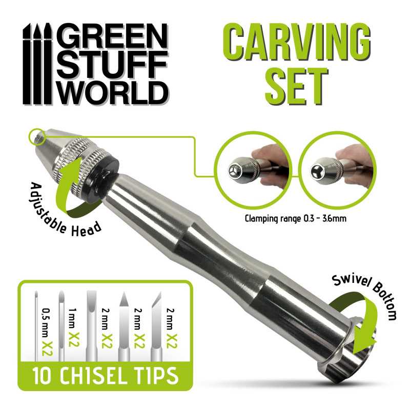 Green Stuff World Carving Tool set with 10 Chisel tips