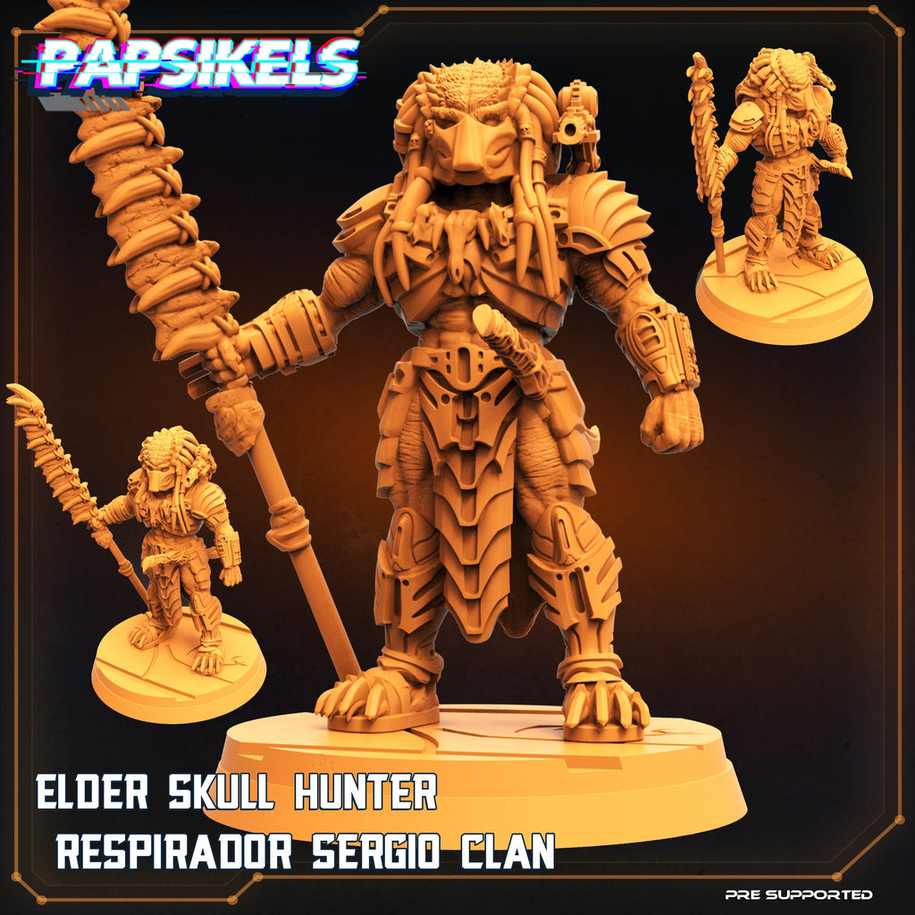 Elder Skull Hunter Respirador Miniature - 32mm Tabletop Resin Figure for RPG, Predator-Inspired Clan