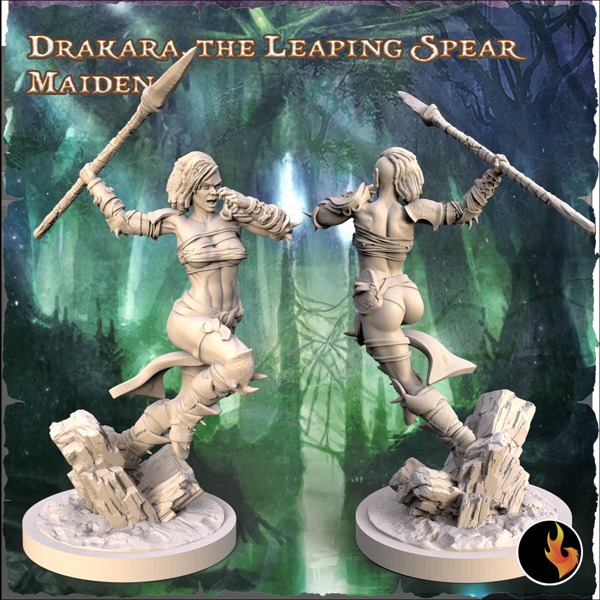 Drakana: Leaping Spear Maiden Barbarian Fantasy Figure - 75mm Scale Resin Miniature for Collectors