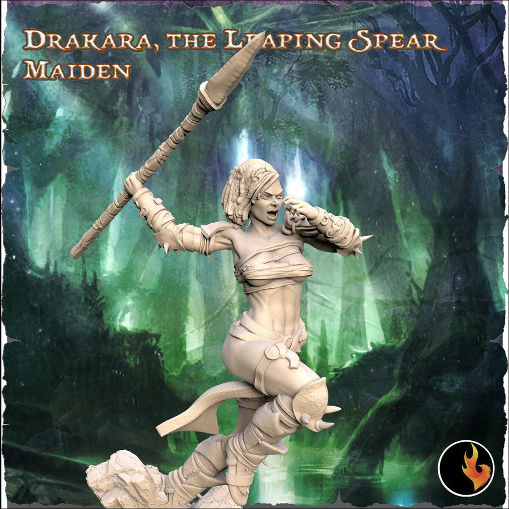 Drakana: Leaping Spear Maiden Barbarian Fantasy Figure - 75mm Scale Resin Miniature for Collectors