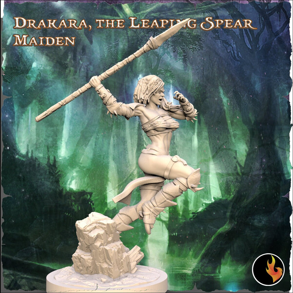 Drakana: Leaping Spear Maiden Barbarian Fantasy Figure - 75mm Scale Resin Miniature for Collectors