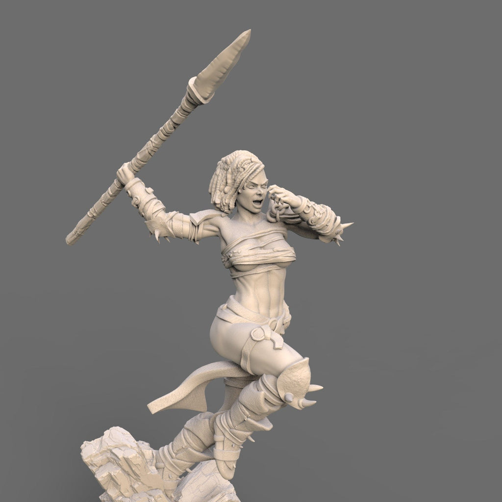 Drakana: Leaping Spear Maiden Barbarian Fantasy Figure - 75mm Scale Resin Miniature for Collectors
