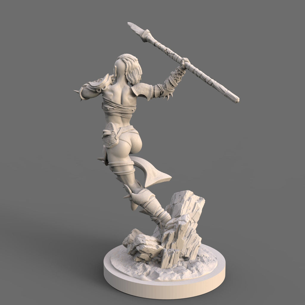 Drakana: Leaping Spear Maiden Barbarian Fantasy Figure - 75mm Scale Resin Miniature for Collectors
