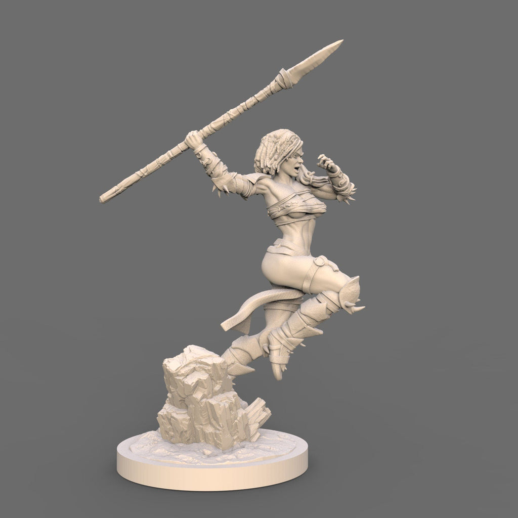 Drakana: Leaping Spear Maiden Barbarian Fantasy Figure - 75mm Scale Resin Miniature for Collectors