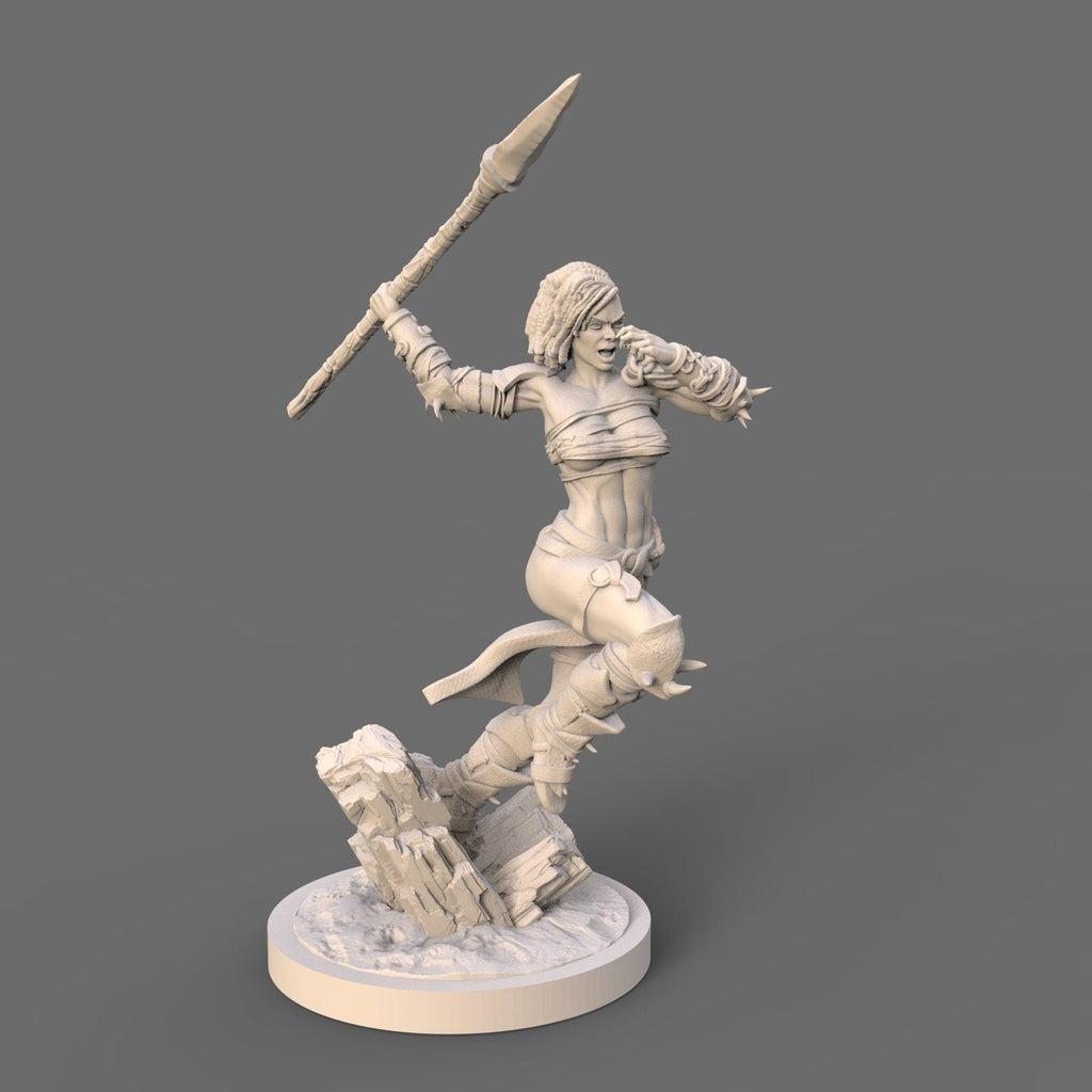 Drakana: Leaping Spear Maiden Barbarian Fantasy Figure - 75mm Scale Resin Miniature for Collectors
