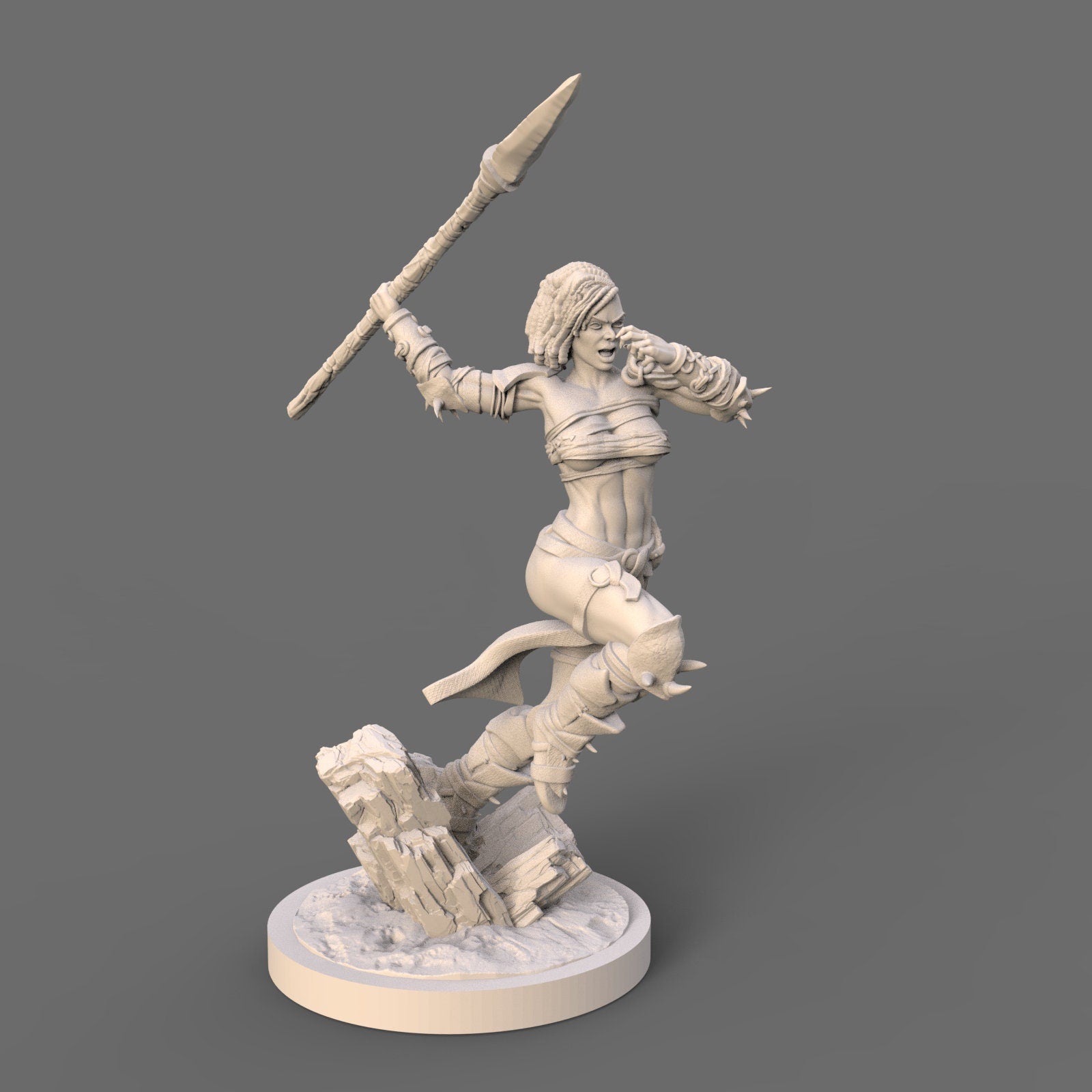 Drakana: Leaping Spear Maiden Barbarian Fantasy Figure - 75mm Scale Resin Miniature for Collectors