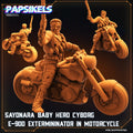 Sayonara Baby Hero Cyborg E-900 Exterminator - Futuristic Cyborg Hero on Motorcycle - 32mm Miniature for Cyberpunk RPG Games