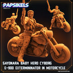 Sayonara Baby Hero Cyborg E-900 Exterminator - Futuristic Cyborg Hero on Motorcycle - 32mm Miniature for Cyberpunk RPG Games