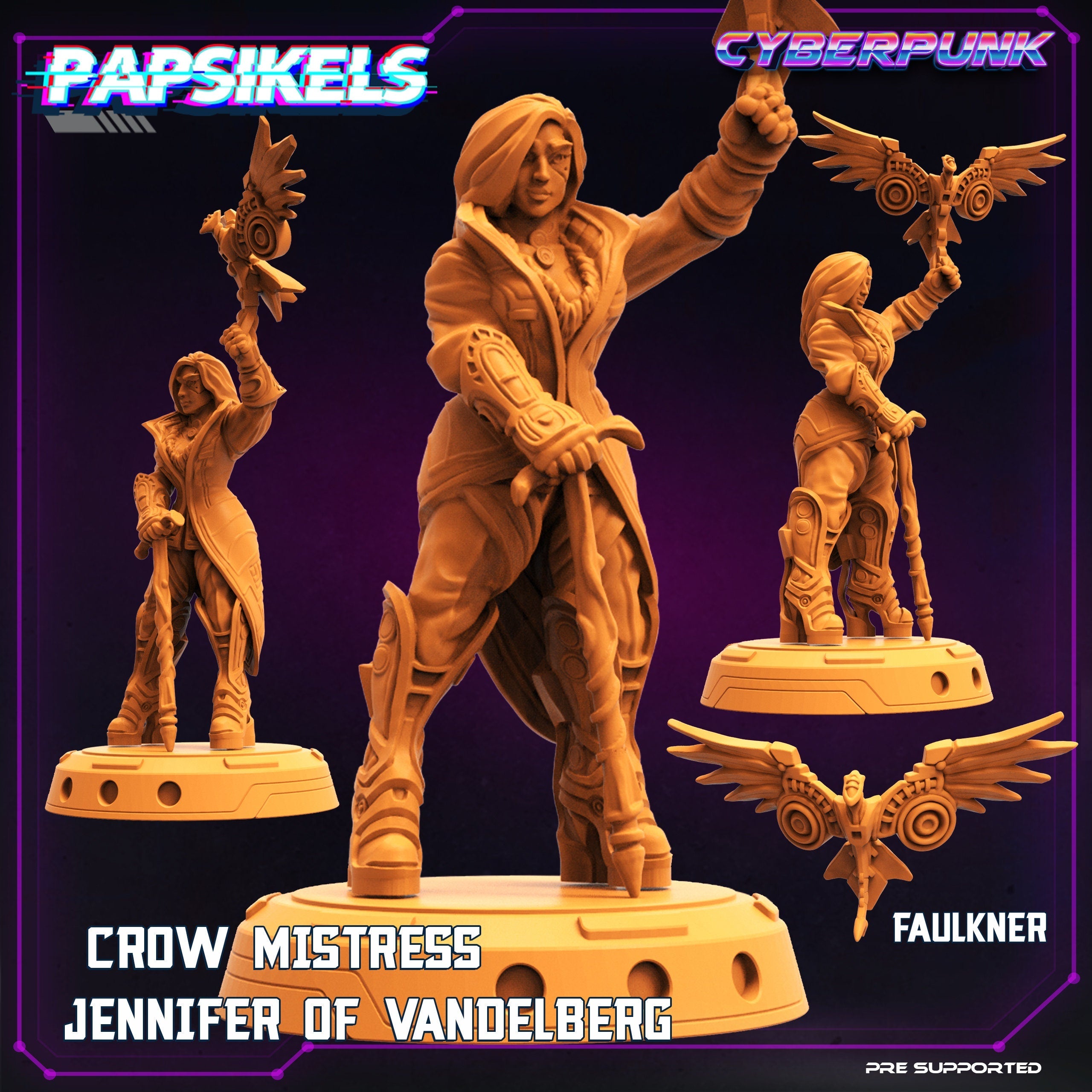 Cyberpunk Crow Mistress Jennifer of Vandelberg - 32mm Miniature for RPG & TTRPG - Papsikels Anime Style