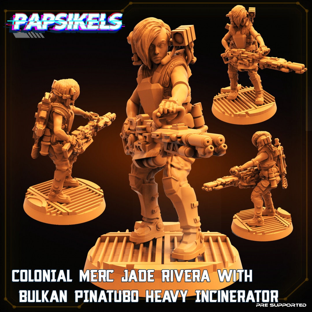 Colonial Merc Jade Rivera With Bulkan Pinatubo Heavy Incinerator | PAPSIKELS | 3D Printed Miniature |  32mm Miniatures