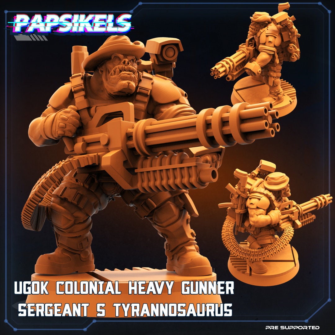 Ugok Colonial Heavy Gunner Sergeant S Tyrranosaurus | Skull Hunters | PAPSIKELS | 3D Printed Miniature |  32mm Miniatures
