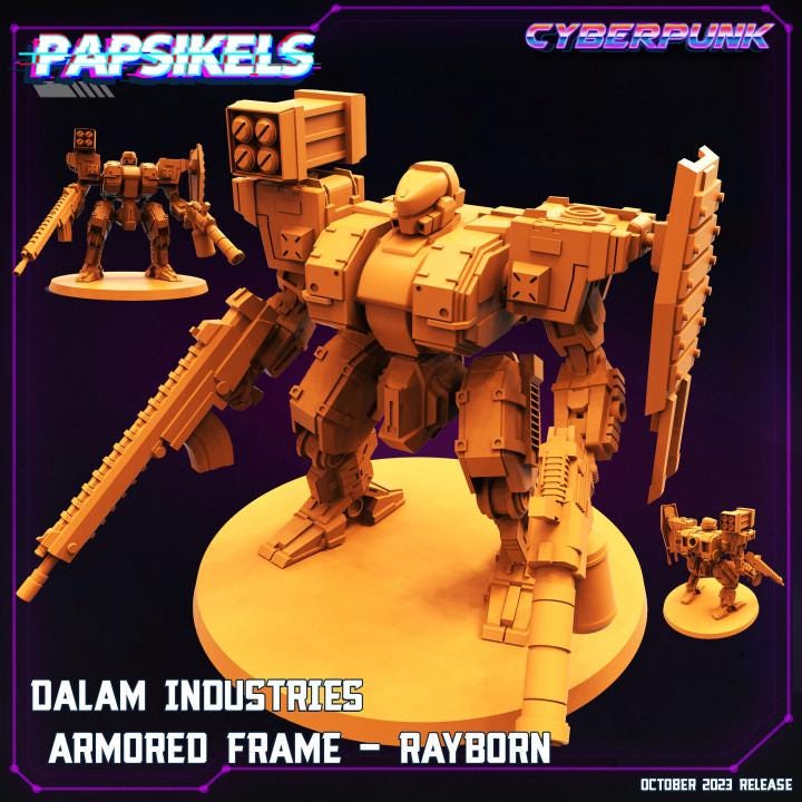 Dalam Industries Rayborn Armored Frame Miniature - Cyberpunk Wargaming Sculpture for RPG & Tabletop