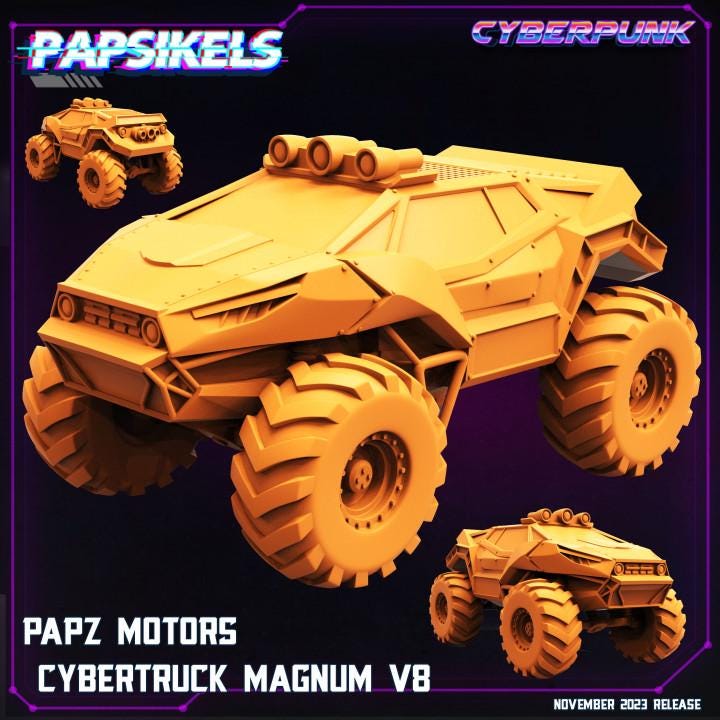 Papz Motors - Cybertruck Magnum V8 Miniature: Sculpted Cyberpunk Vehicle for Wargaming, RPG, and Tabletop Scenarios