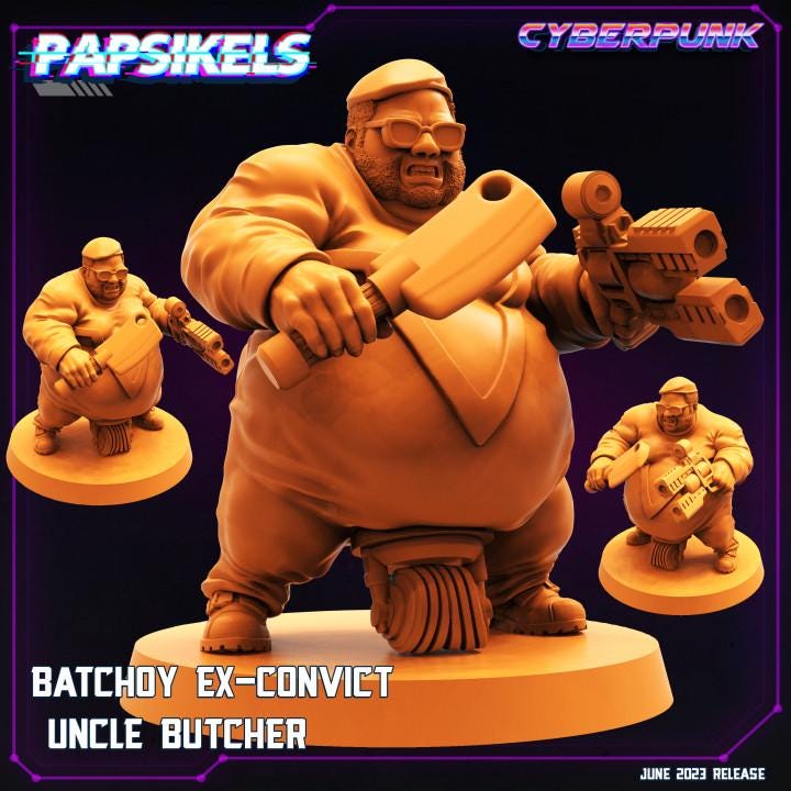 Cyberpunk Ex-Convict Uncle Butcher 32mm Miniature - Batchoy - Papsikels RPG Figurine for Tabletop Gaming