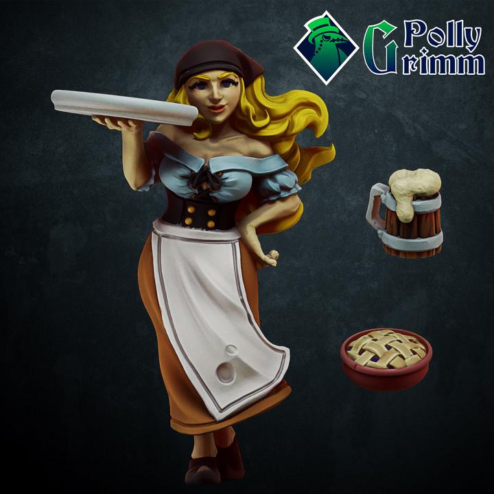 Human Barmaid, tavern girl with beer and pie - Fantasy historic miniatures for tabletop games. 28mm / 32mm Resin Figures for RPG