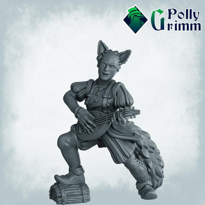 Lupin set half-beast Bard with lute / Violin - Fox Man - Fantasy historic miniatures for tabletop games. 28mm / 32mm Resin Figures for RPG