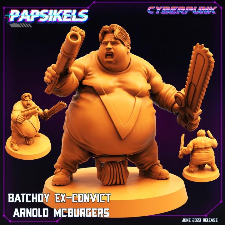 Cyberpunk Batchoy Ex-Convict Arnold McBurgers 32mm Miniature for RPG and TTRPG Gaming