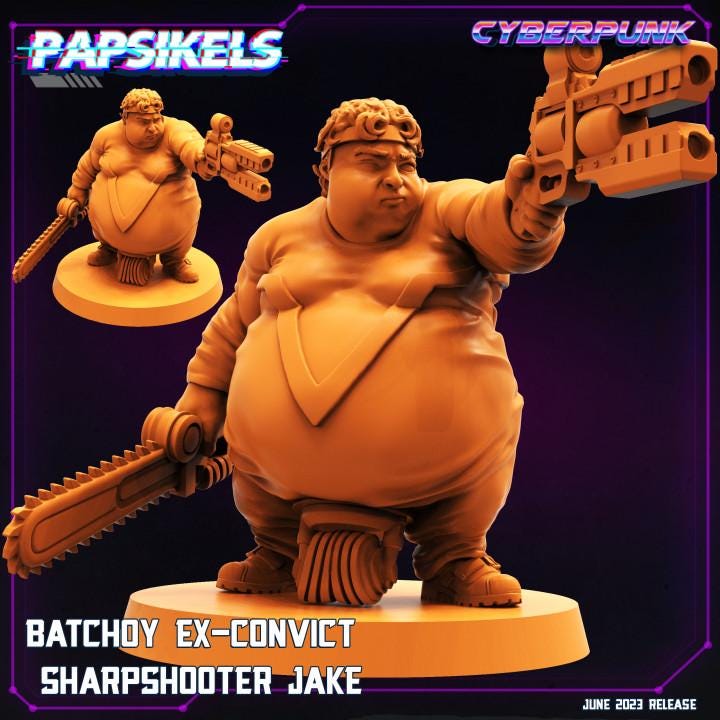 Cyberpunk Batchoy Ex-Convict Sharpshooter Jake 32mm Miniature for RPG and Tabletop Gaming by Papsikels
