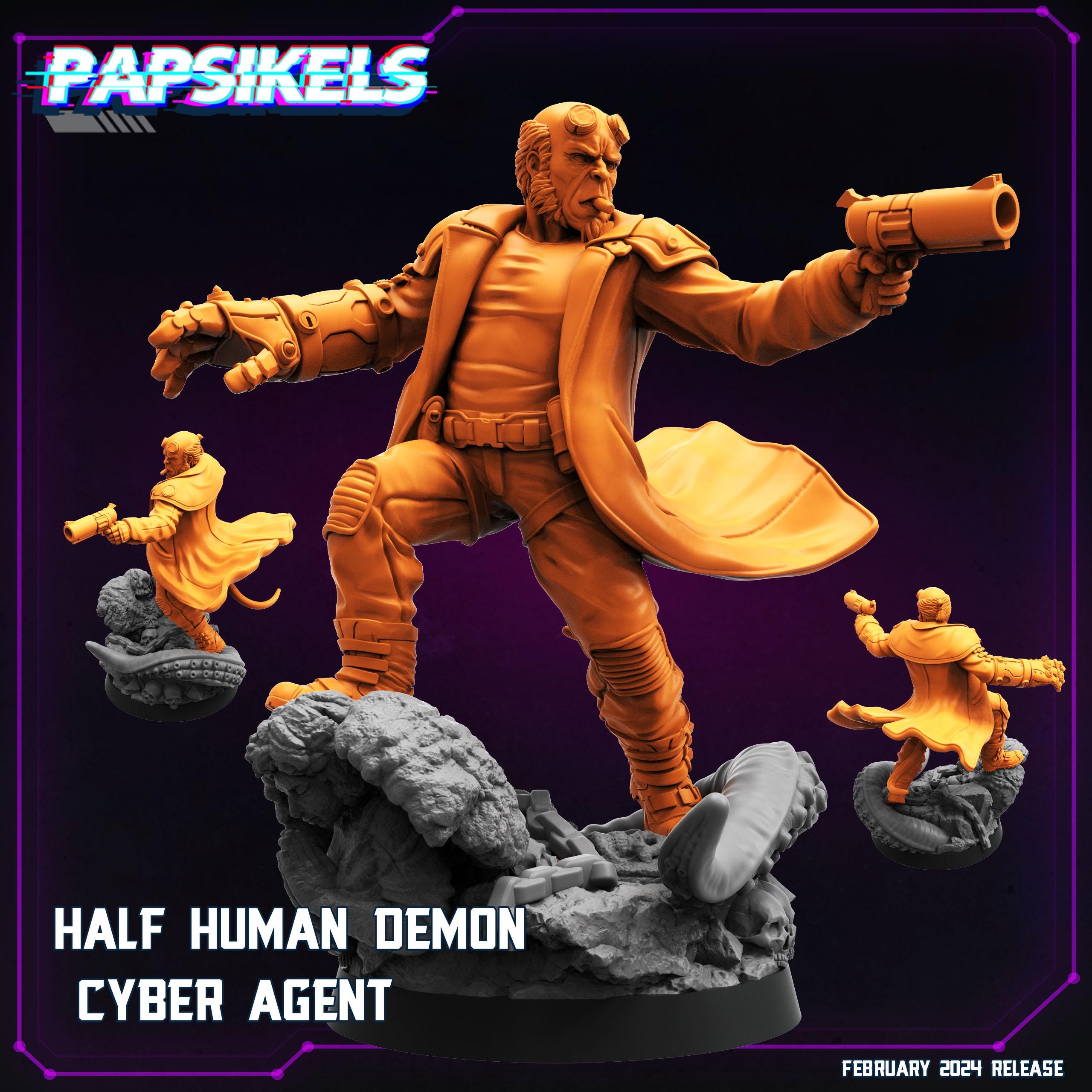 Cyberpunk, Half Human Demon Cyber Agent - Hellboy Fan Art, Papsikels, 32mm Mini