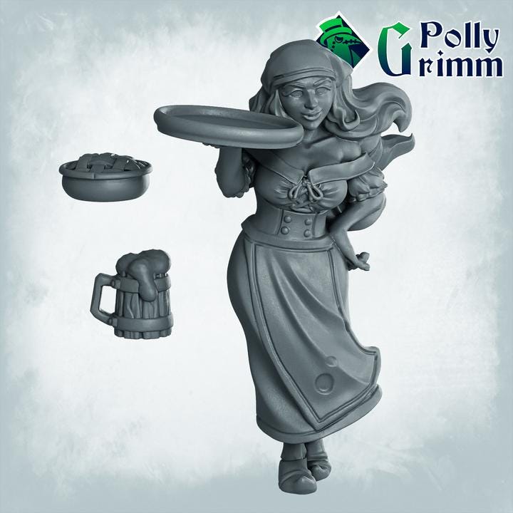 Human Barmaid, tavern girl with beer and pie - Fantasy historic miniatures for tabletop games. 28mm / 32mm Resin Figures for RPG