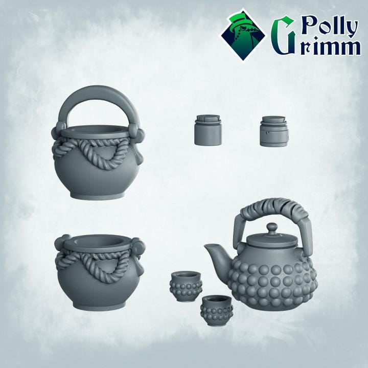 Teapot, cup, bottles, pots - Scatter Terrain  - Fantasy historic miniatures for tabletop games. 28mm / 32mm Resin Figures for RPG