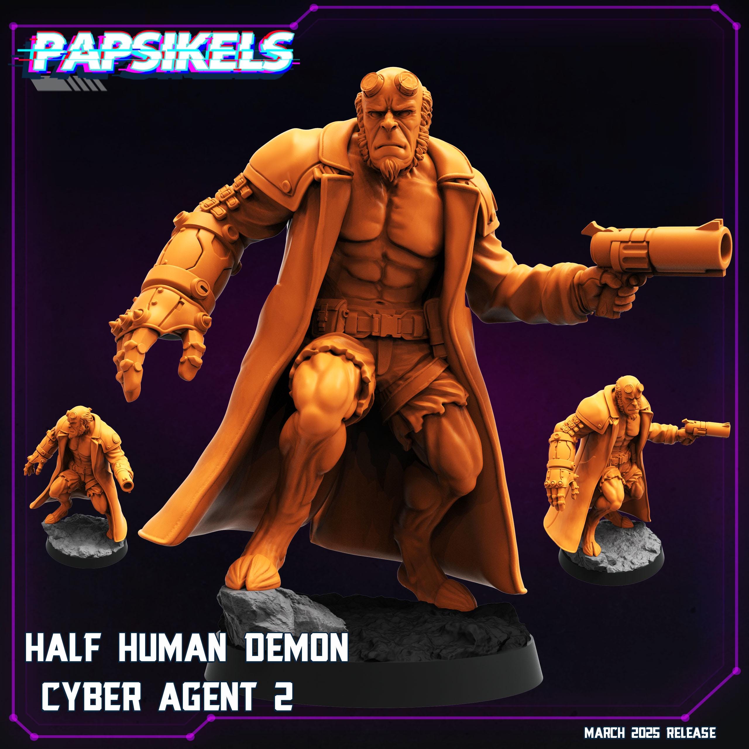 Cyberpunk, Half Human Demon Cyber Agent - Hellboy Fan Art, Papsikels, 32mm Mini