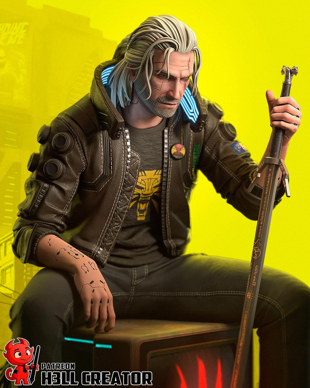 Silverronin (Geralt) from Cyberpunk 2077 / The Witcher (fan art) | Full Model or Bust | Miniature scale 1:12 | h3LL Creator | DIY Model Kit