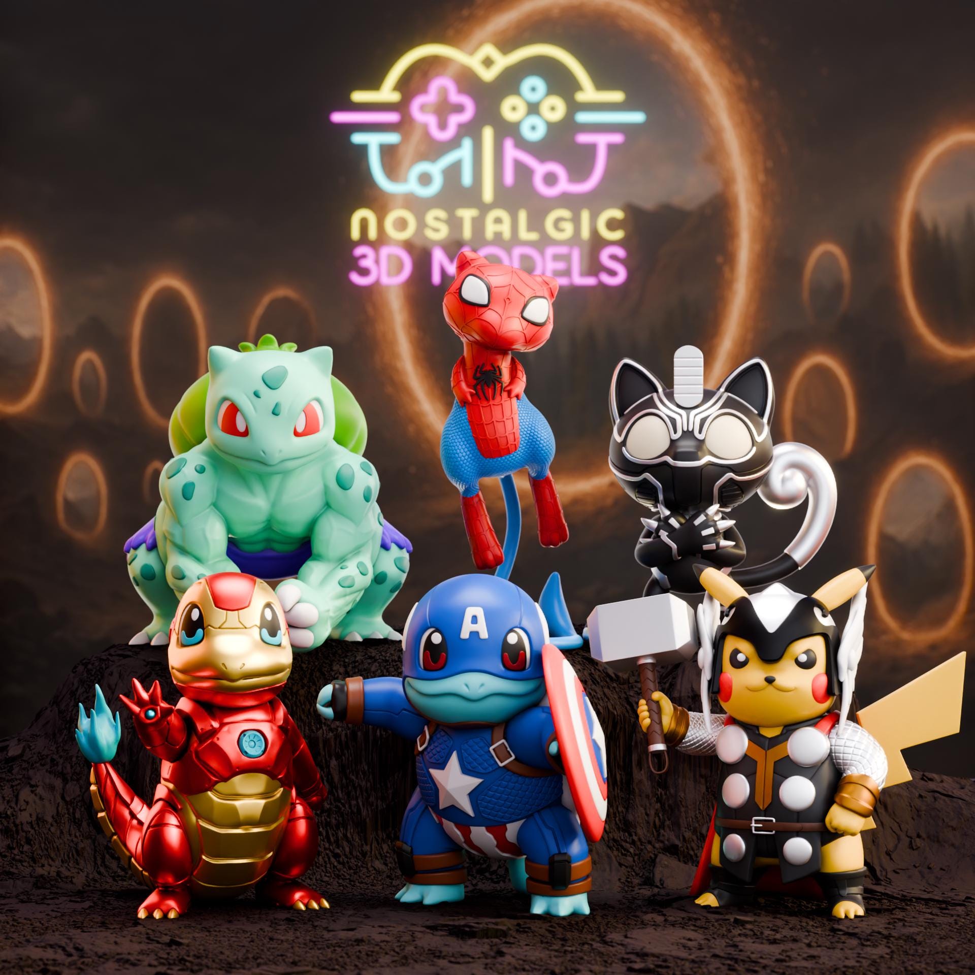 Pokemon Assemble Crossover Resin Figures | Marvel Avengers x Pokemon Mashup | Nostalgic 3D Models | Fan Art Collectibles
