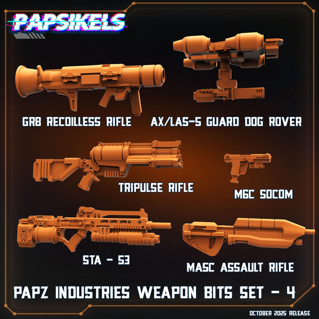 PAPZ Industries Weapon Bits Set 4 | 28 mm / 32 mm Scale | Sci-Fi Miniature Weapons | Papsikels Miniatures