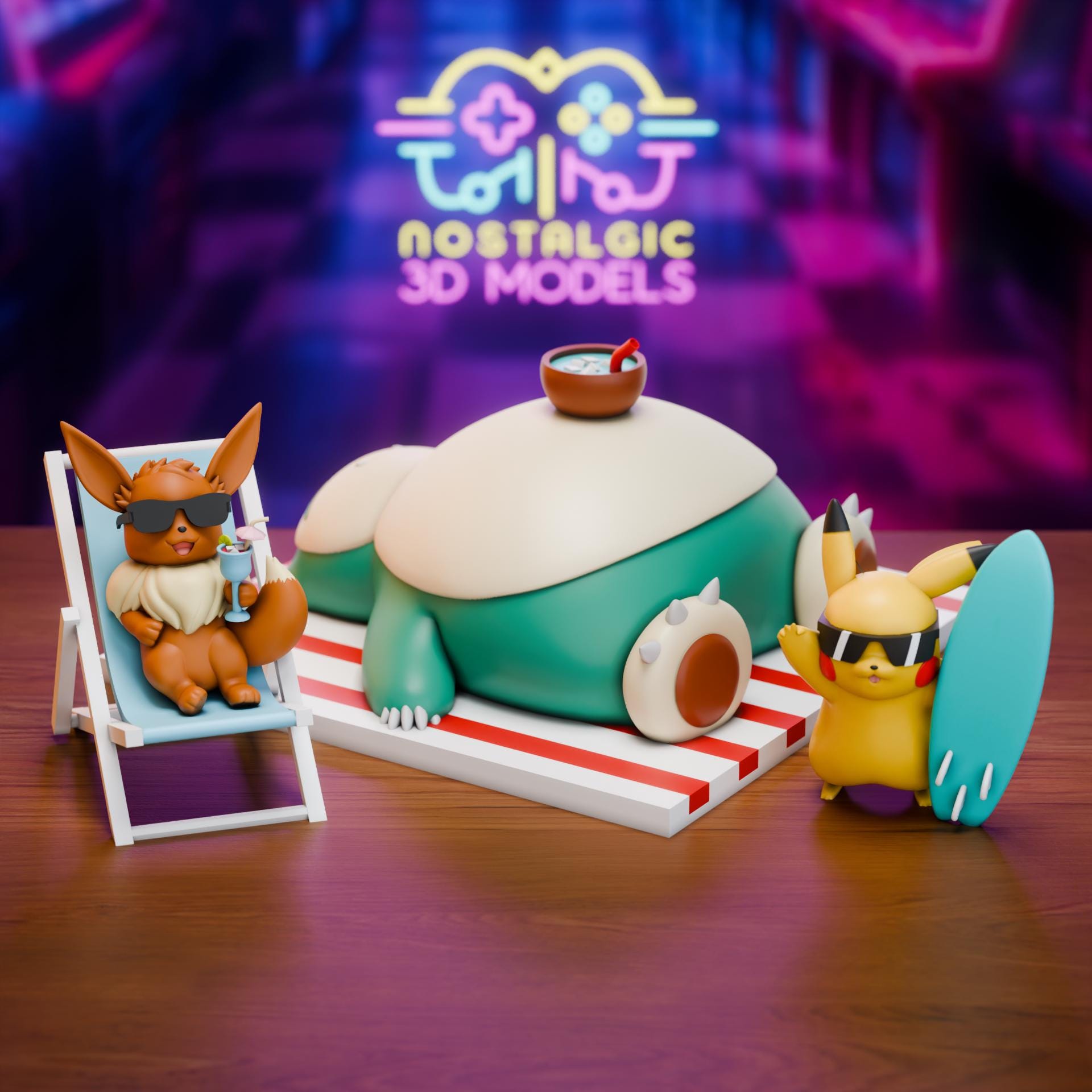Summer Beach Day | Nostalgic 3D Pokémon-Inspired Resin Figures | Pikachu, Eevee & Snorlax | Collector Display Set