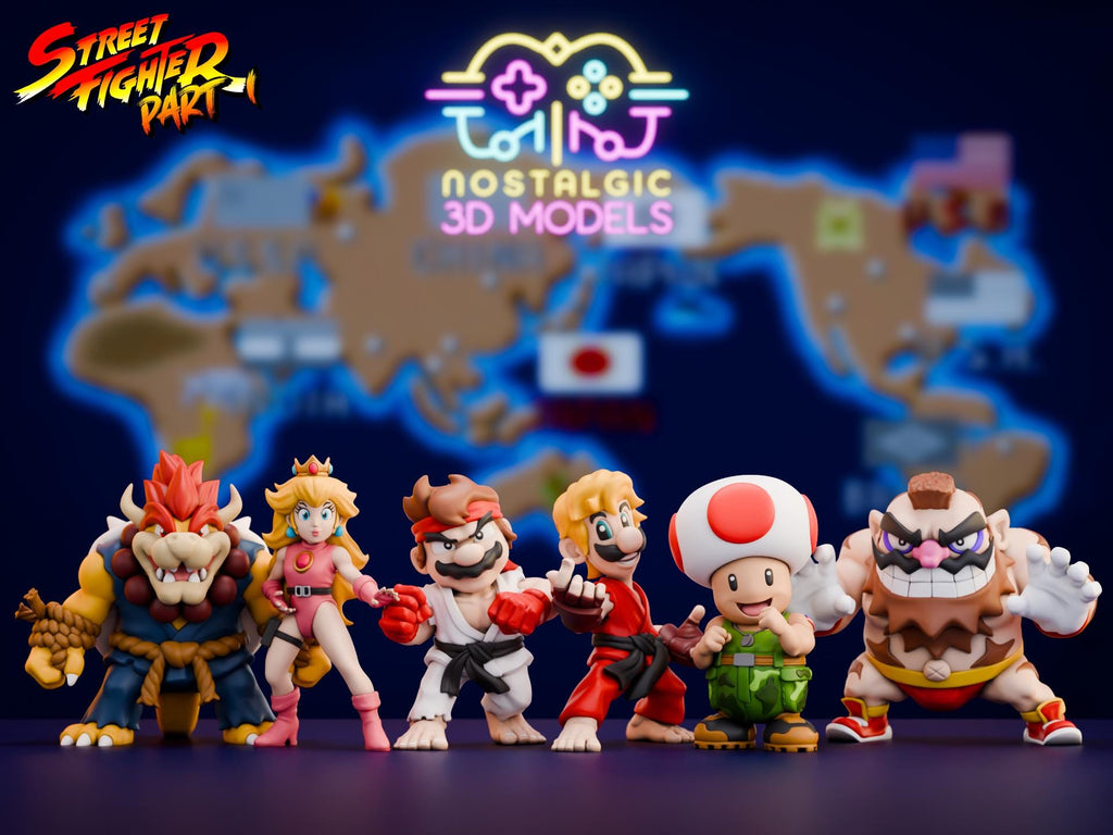 Super Brawl Legends | Nostalgic 3D Mario × Street Fighter Fusion Set | Large & Small Collectible Resin Figures