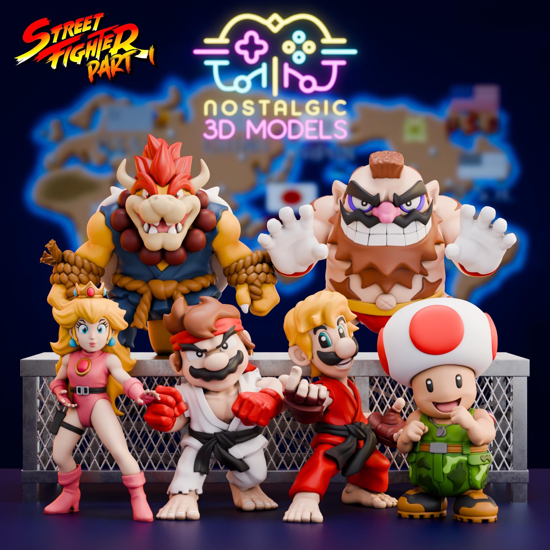 Super Brawl Legends | Nostalgic 3D Mario × Street Fighter Fusion Set | Large & Small Collectible Resin Figures