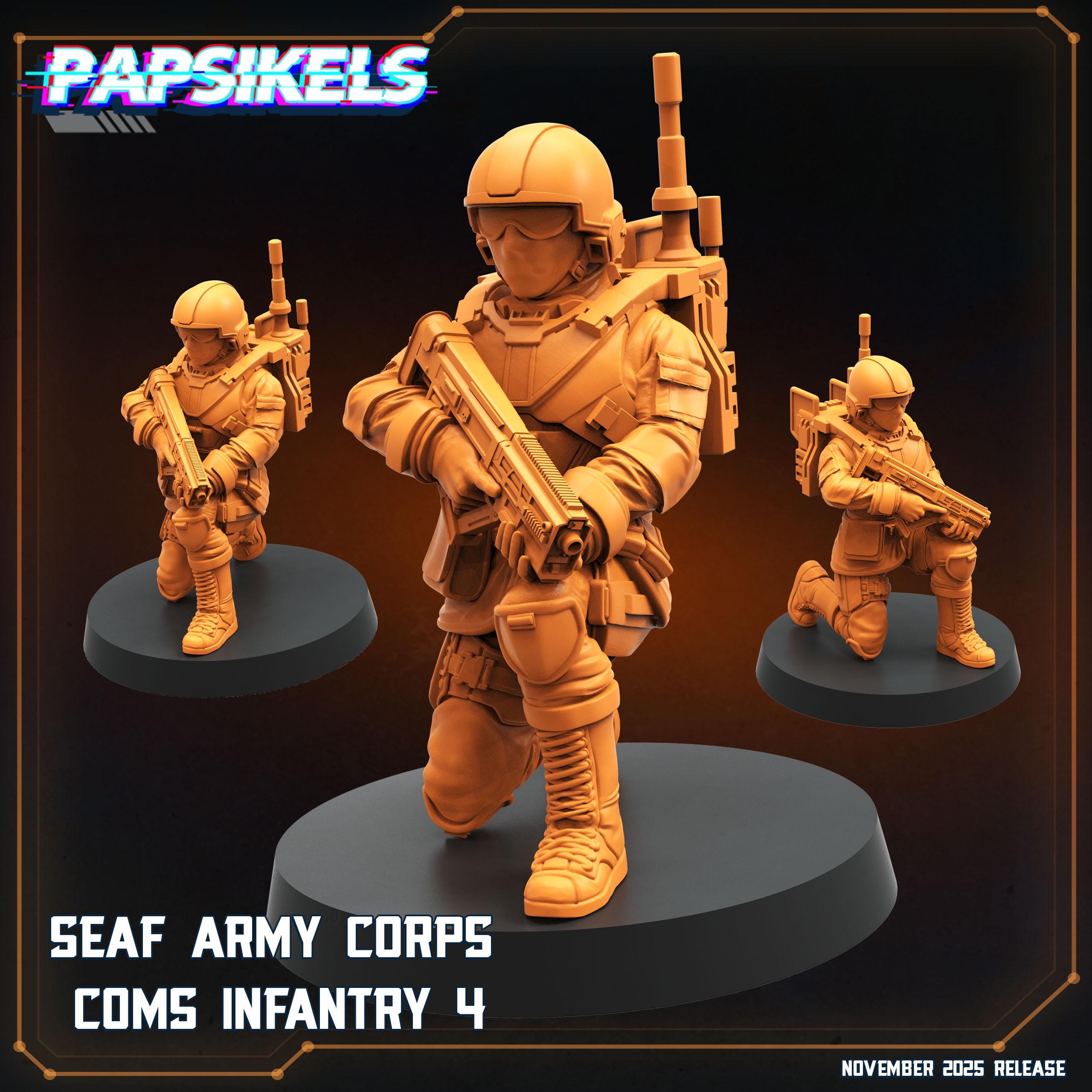 SEAF Army Corps Comms Infantry 1–5 | Papsikels | Helldivers-Inspired | 28 mm or 32 mm Scale | Resin Miniatures