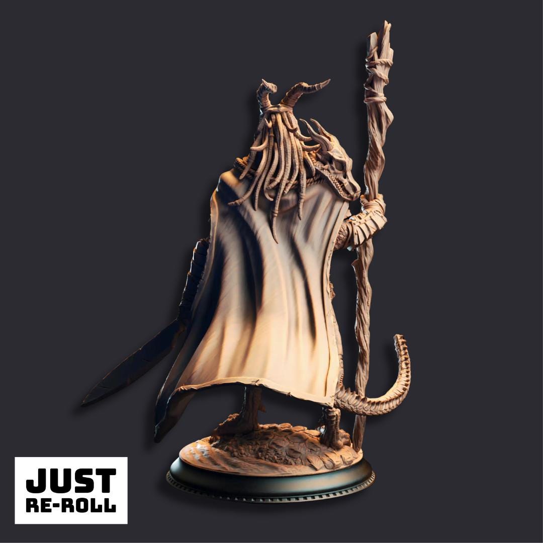 Horzin Ashen-Palm Black Dragonkin Druid - 3D Printed Druid Character Miniature